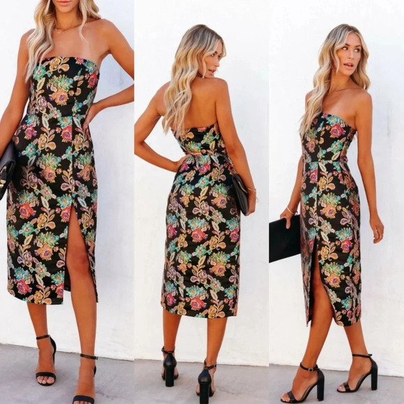 Vici Dresses & Skirts - Vici Olia Ganni Jacquard Strapless Midi Dress Black NWT Wedding Party Guest